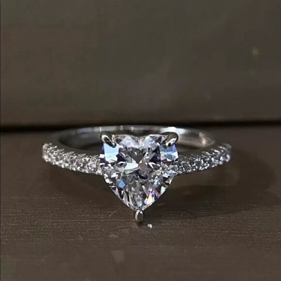NEW! 18K White Gold Plated Solitaire Heart Shaped Diamond Engagement Ring - Picture 5 of 7
